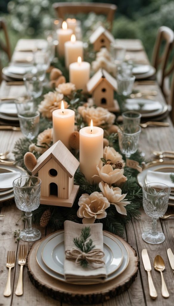 A rustic wooden table set for a meal with gold cutlery, glassware, white plates, candles, birdhouse centerpieces, and floral decorations.