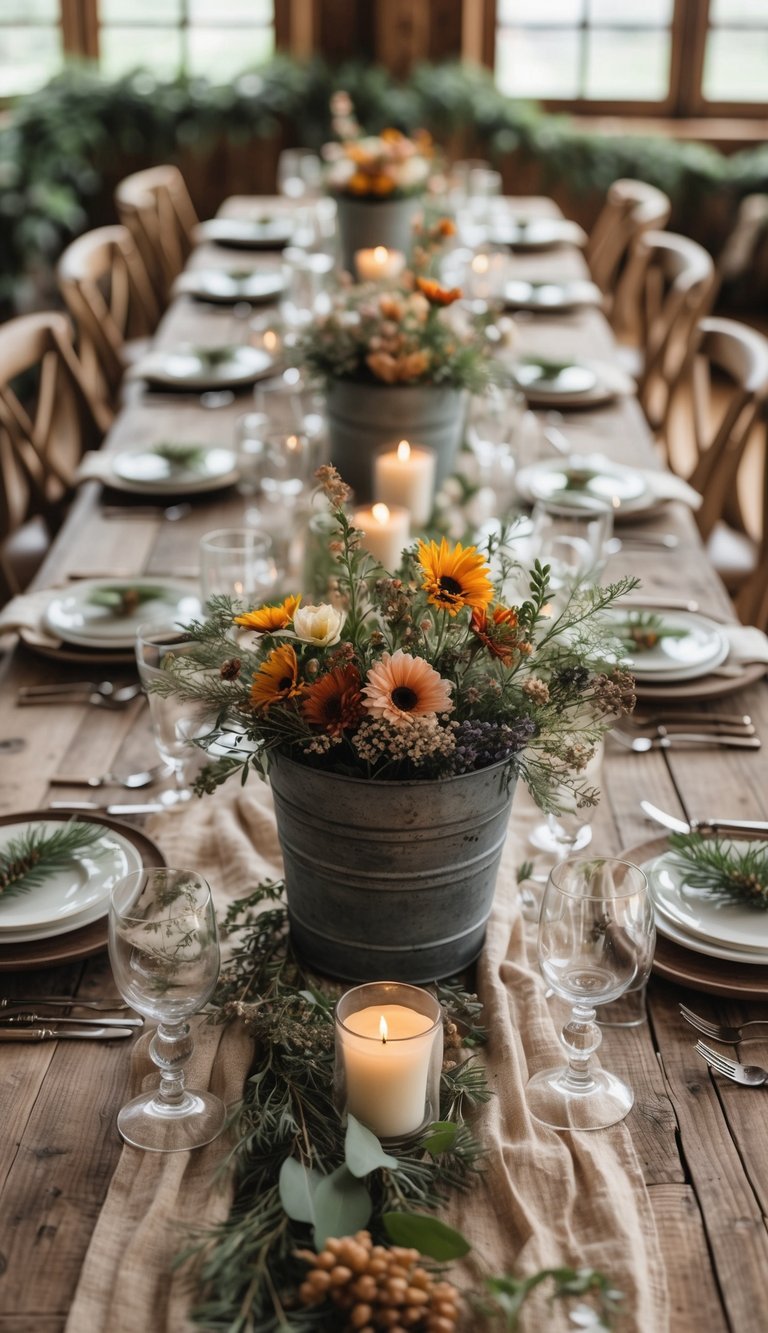 A dining table set with plates, glasses, cutlery, wildflower bouquets in metal buckets, and candles.