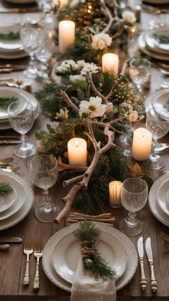 A long dining table set with white plates, gold cutlery, crystal glasses, candles, and greenery as a centerpiece, arranged for a formal meal.