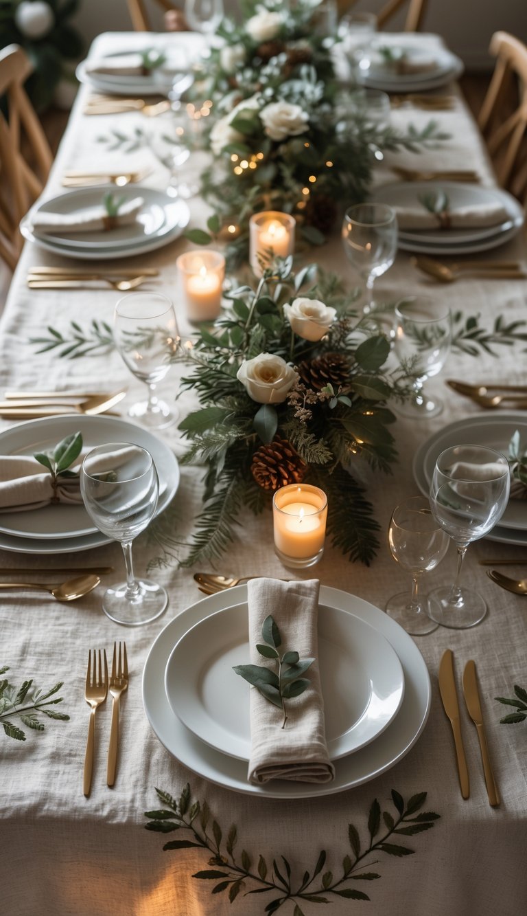 Dining table set with a natural linen tablecloth embroidered with leaves, plates, glasses, cutlery, candles, and floral centerpieces.