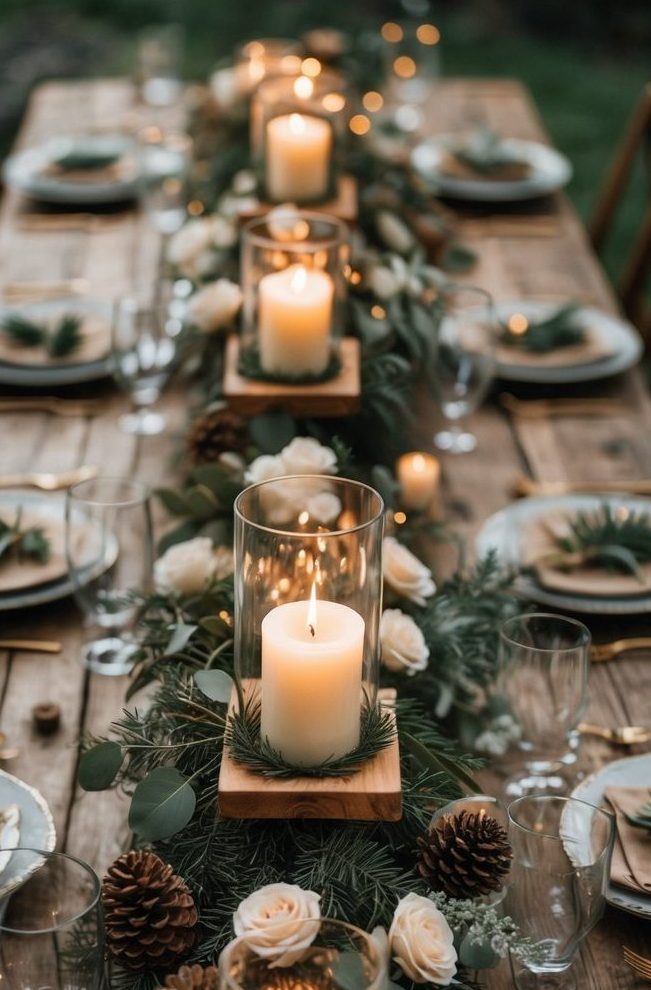 A rustic wooden table set for a meal, decorated with candles in glass holders, pinecones, greenery, and white flowers, with empty plates and glasses arranged neatly.