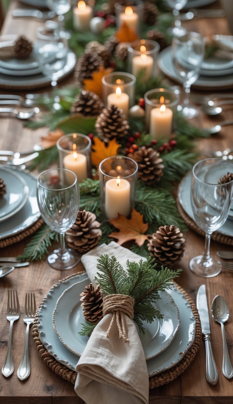 A dining table set with plates, glasses, cutlery, and napkins tied with leaves and pine cones, surrounded by candles and floral centerpieces.