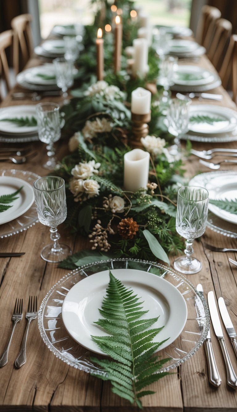 A dining table set with clear glass chargers holding fern leaves beneath, white plates, glasses, cutlery, candles, and floral centerpieces.