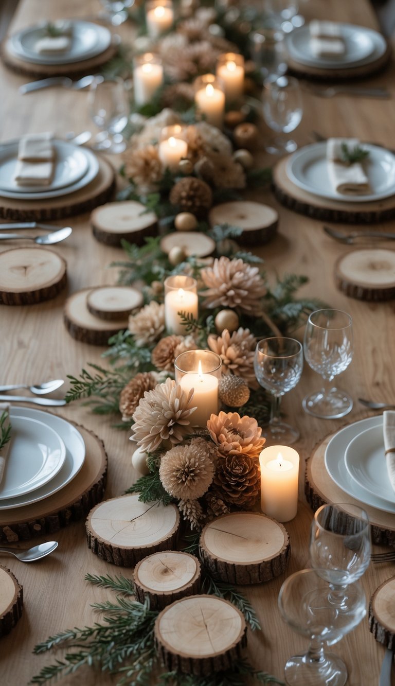A dining table set with small log slices as bread plates, white plates, glasses, cutlery, candles, and floral centerpieces in natural light.