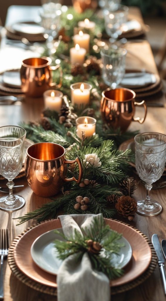 A wooden dining table set for a holiday meal features copper mugs, glassware, plates, and a festive centerpiece with candles, pinecones, and evergreen branches.