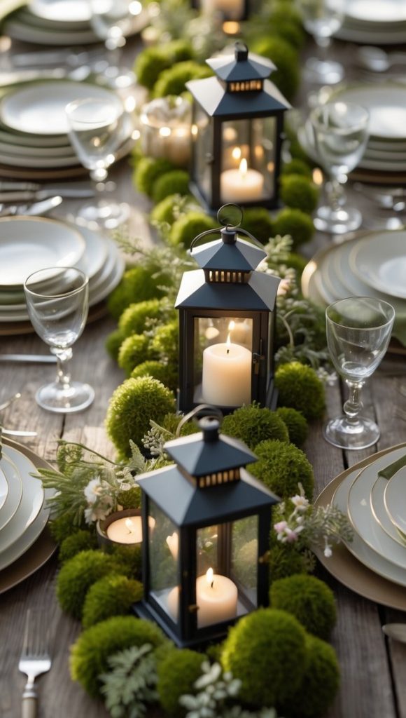 A long wooden table set with plates, glasses, and silverware, decorated with candles in lanterns and green moss centerpiece.