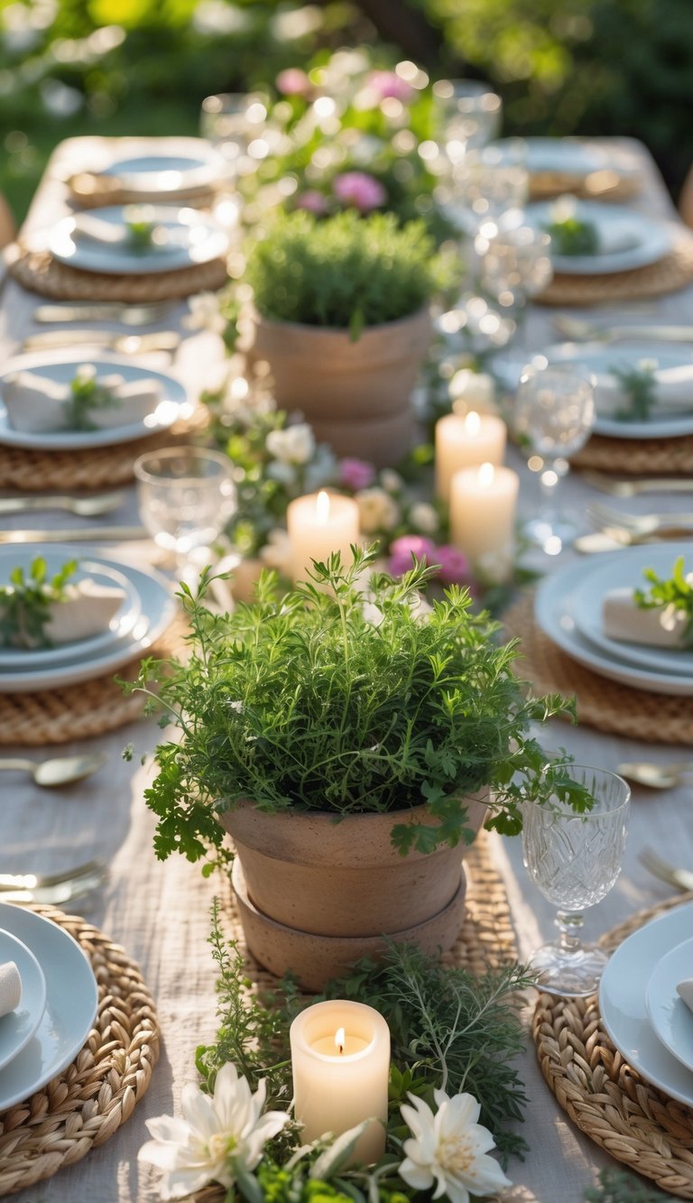 Outdoor summer dinner table with herb garden pots, candles, and flowers arranged as centerpieces, set for a meal in natural light.