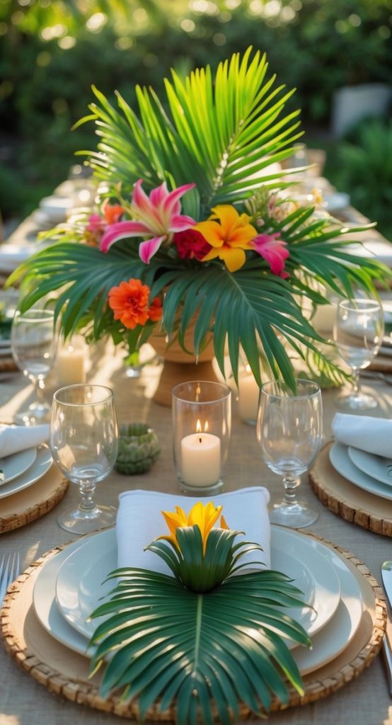 A decorated outdoor dining table with tropical leaves, colorful flowers, candles, and neatly arranged dinnerware, set in a garden with lush greenery in the background.