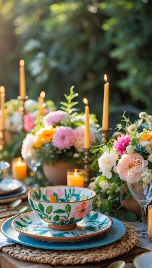 A decorated outdoor table set with floral plates, bowls, gold cutlery, woven placemats, candles, and flower arrangements, with greenery in the background.