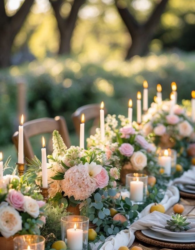 A long outdoor table is set with white plates, gold cutlery, candles, and floral arrangements featuring pastel flowers and greenery, in a garden setting at sunset.
