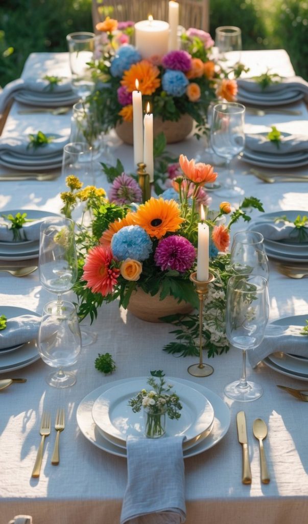 A table set for an outdoor meal with white tablecloth, floral centerpieces, candles, gold cutlery, glassware, and plates, surrounded by wicker chairs in a garden setting.