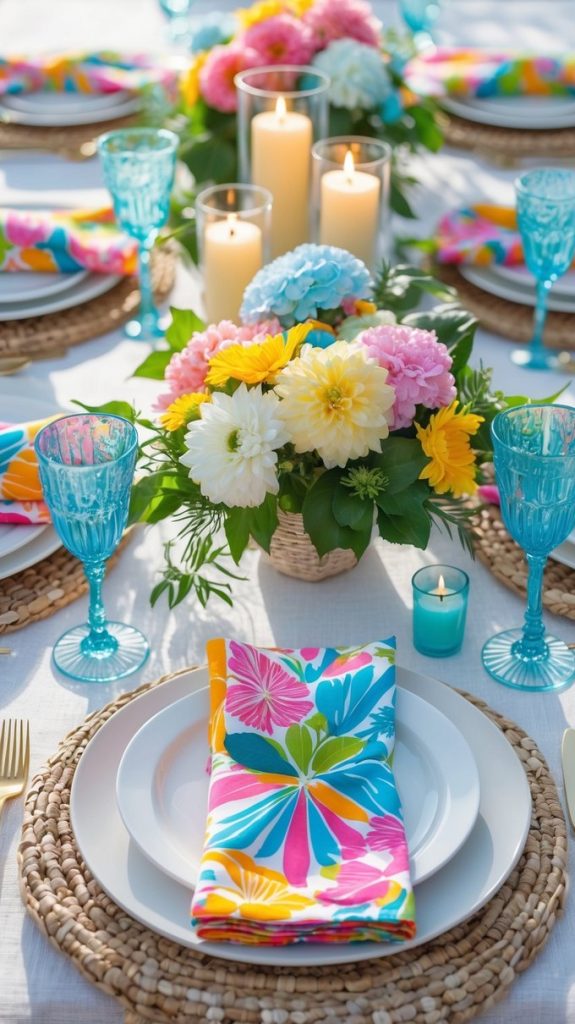 A table set outdoors with colorful floral napkins, wicker placemats, blue glasses, white plates, candles, and vibrant flower centerpieces.