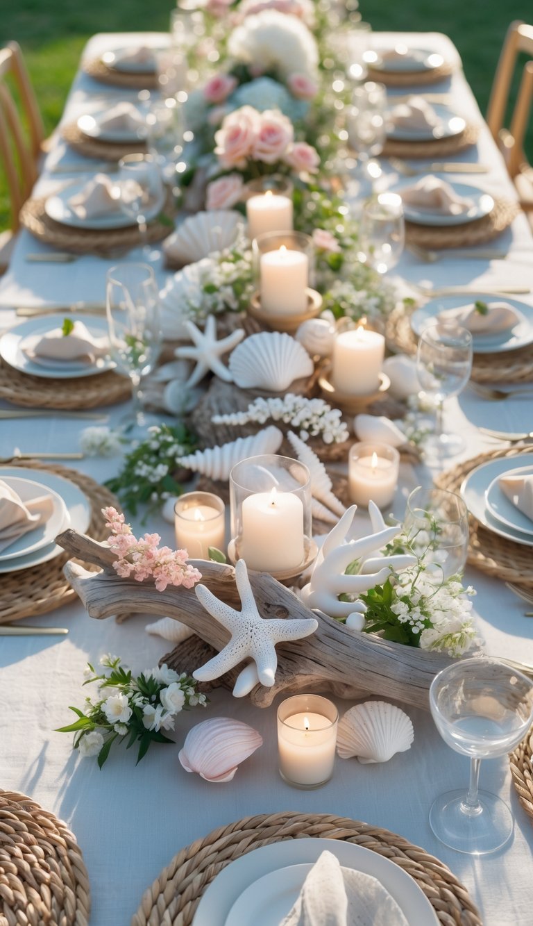 An outdoor summer dinner table set with seashells, candles, flowers, and natural tableware under sunlight.
