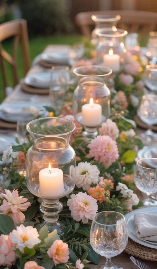A long outdoor table set for a meal with glass candle holders, white plates, beige napkins, and a floral centerpiece of pink and white flowers.