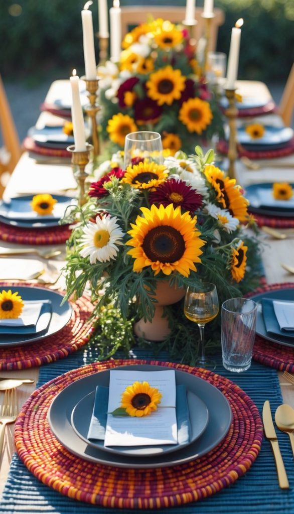 A long outdoor dining table is set with blue plates, gold cutlery, and red placemats, decorated with sunflowers, daisies, and lit white candles in the center.