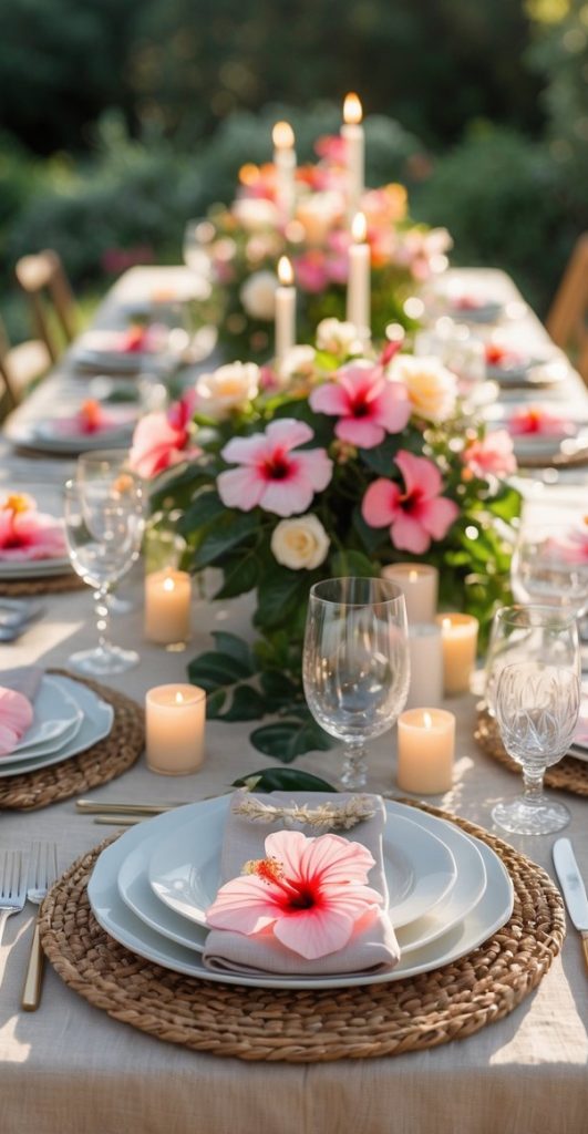 An outdoor dining table is set with white plates, woven placemats, glassware, candles, and floral centerpieces featuring pink hibiscus flowers.