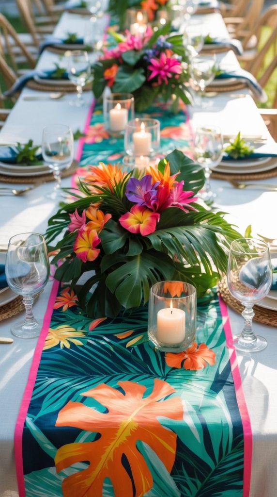 A long outdoor dining table is set with tropical floral centerpieces, candles, and a colorful leaf-patterned table runner, surrounded by wooden chairs.