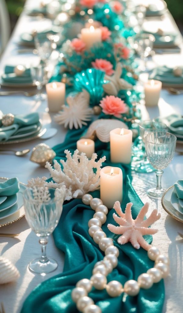 A long dining table is decorated with teal fabric, white candles, coral, seashells, pearls, and place settings, creating an ocean-themed centerpiece arrangement.
