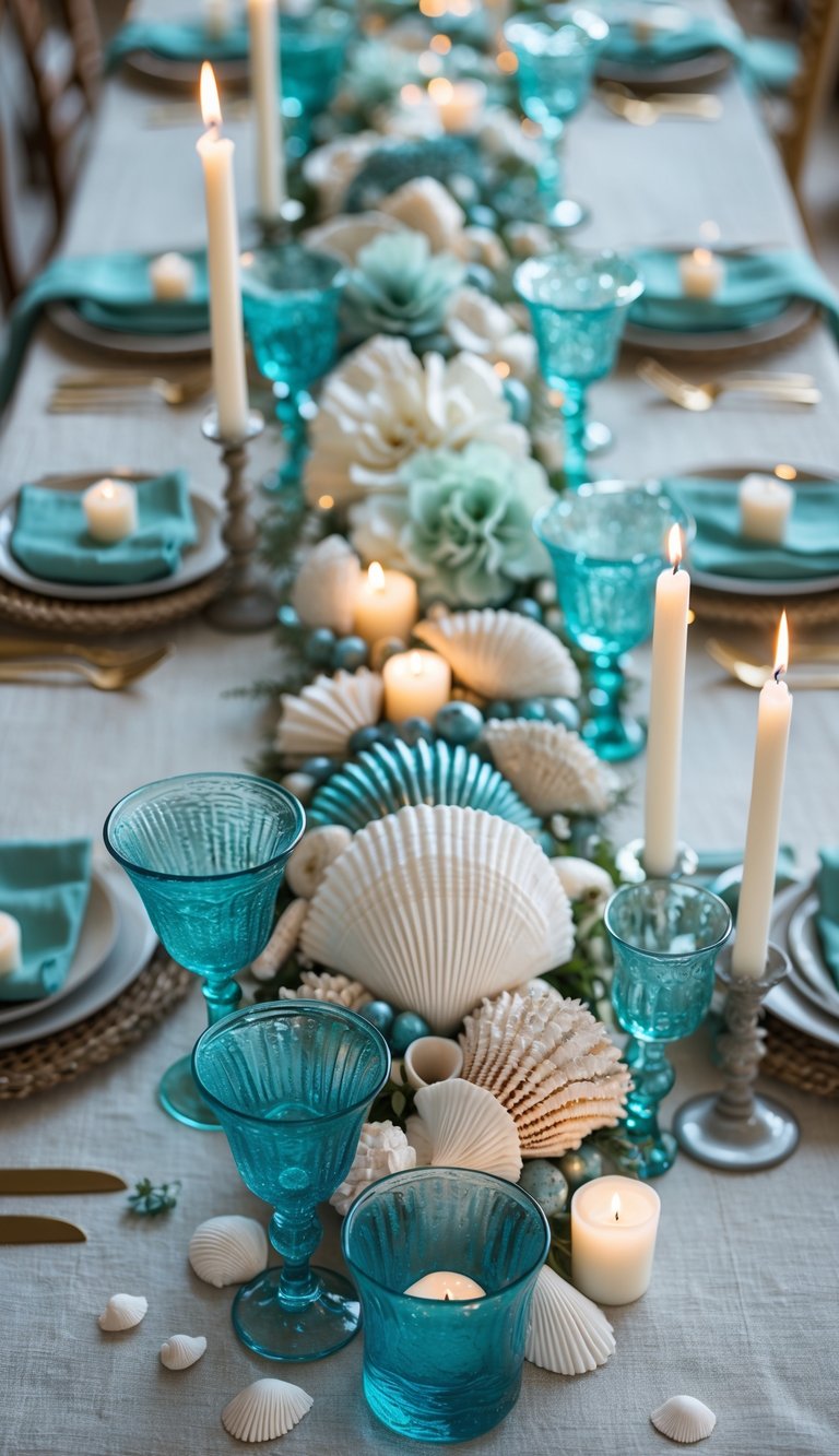 A beautifully arranged event table with aquamarine glassware, seashell and floral centerpieces, and white candles on a neutral tablecloth under natural light.