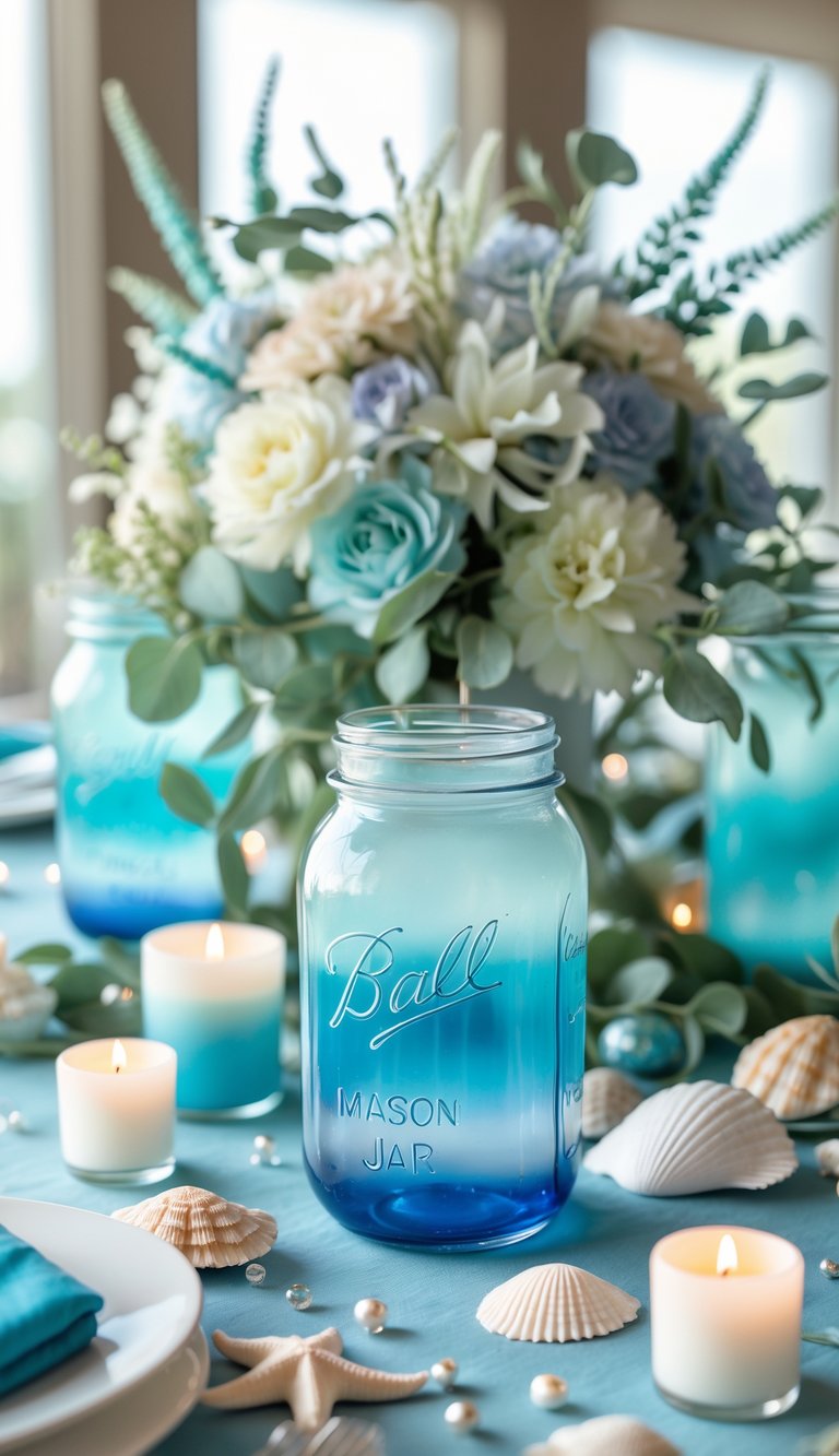 A decorated table with blue ombre mason jar glasses, floral centerpieces, candles, and sea-themed accents arranged for a festive event.