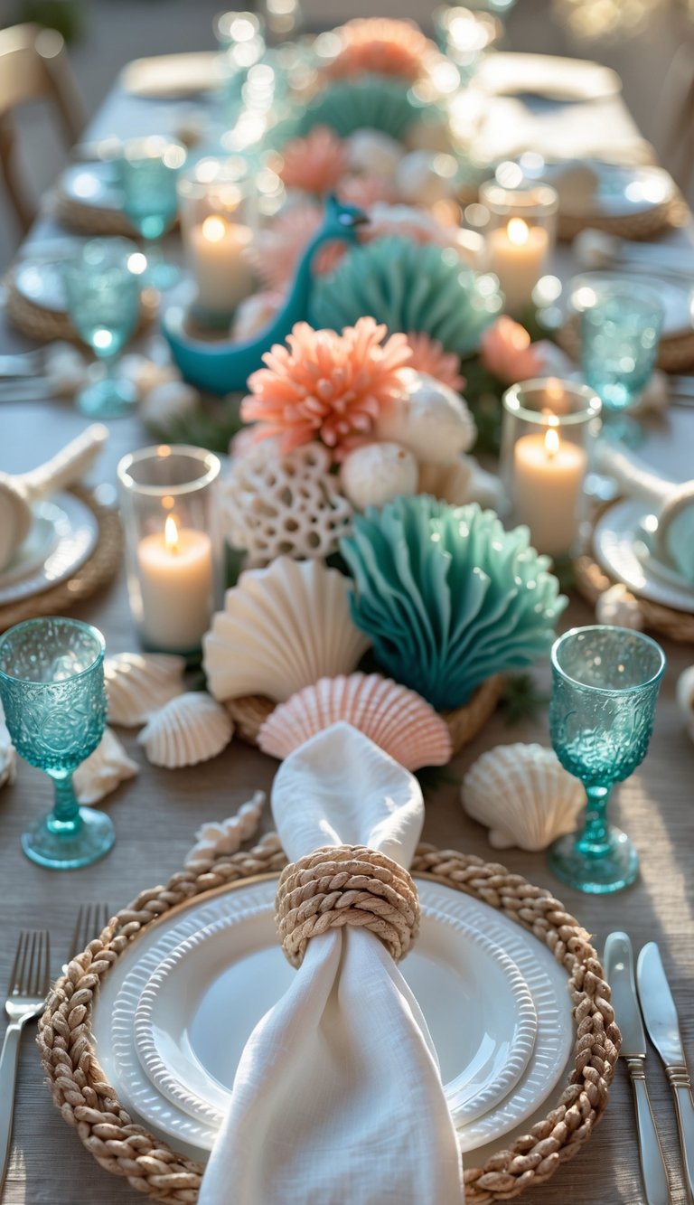 A full table set with sailor’s knot napkin rings, seashell and coral centerpieces, pastel flowers, and candles on a white linen tablecloth in natural light.