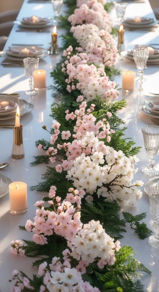 A long dining table is set with white plates, crystal glasses, candles, and a central garland of pink and white flowers with green foliage.