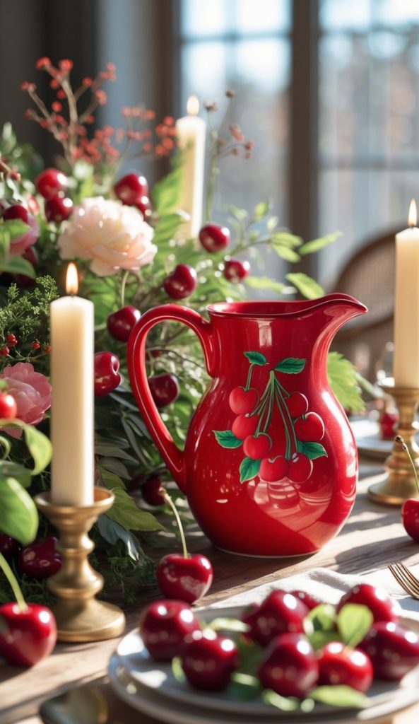 A red ceramic pitcher with a cherry design sits on a decorated dining table with lit candles, plates, and fresh cherries, next to a floral arrangement.