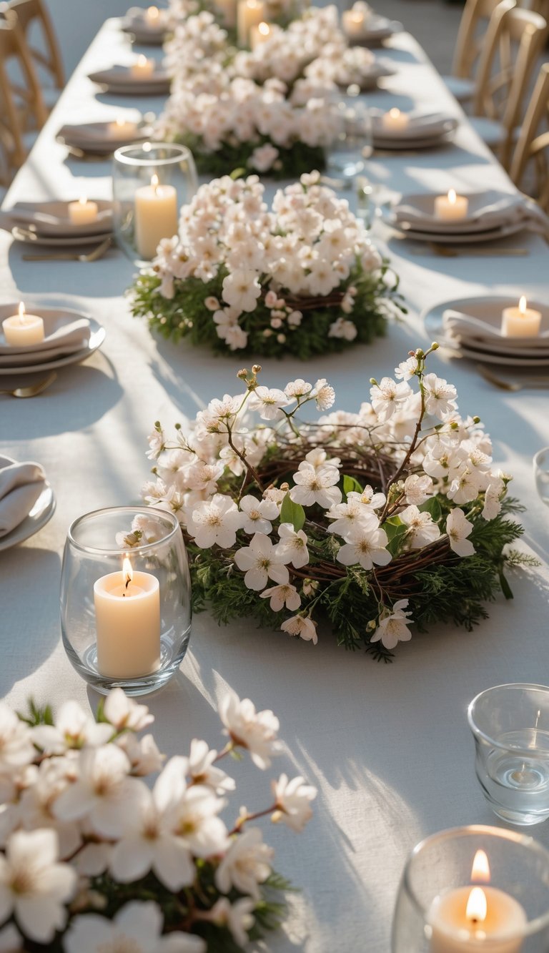 A table set with cherry blossom wreaths around candle holders, surrounded by floral centerpieces and lit candles.