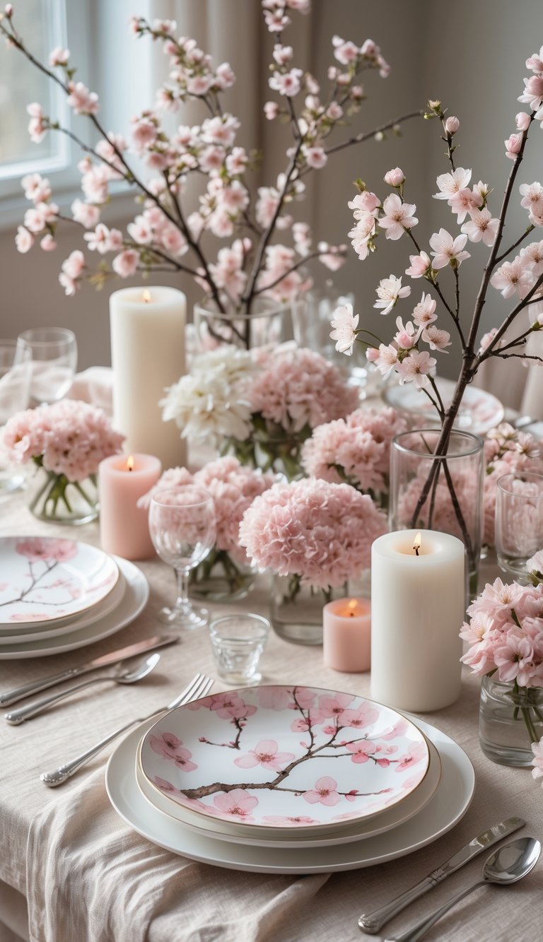 A beautifully set dining table with cherry blossom patterned plates, pink flowers, candles, and glassware arranged for a festive event.