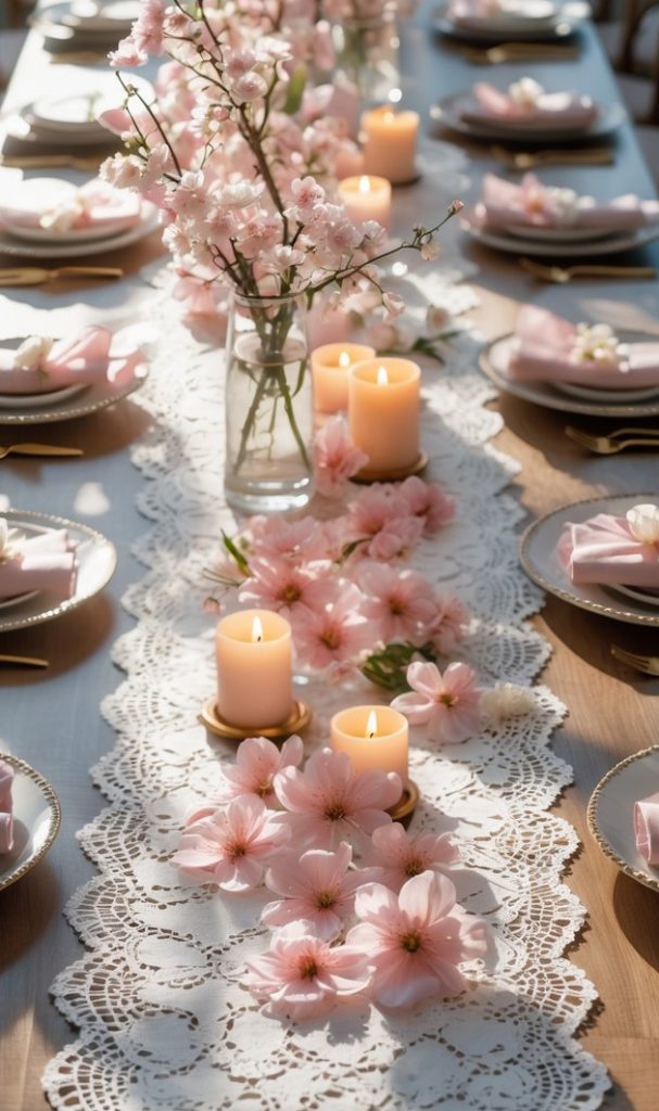 A long dining table set with pink napkins, lace table runner, vases of cherry blossoms, and lit candles, creating an elegant, spring-themed centerpiece.