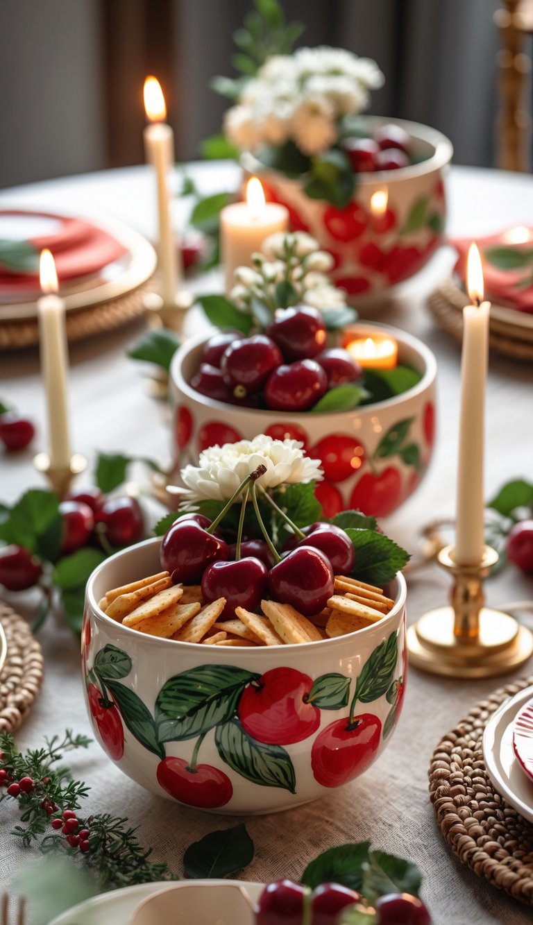A full view of a decorated table with hand-painted ceramic cherry bowls, candles, and fresh flowers arranged for a festive event.