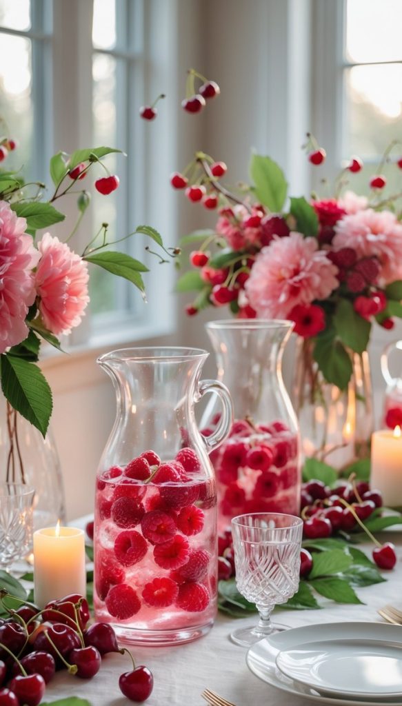 A table set with white plates, glassware, gold cutlery, two pitchers of cherry-infused water, fresh cherries, pink flower arrangements, and lit candles by a window.
