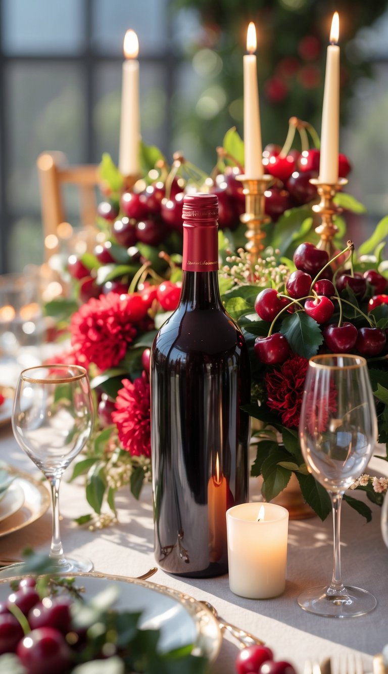 A full view of a table set for an event with a deep red cherry wine bottle centerpiece surrounded by candles, cherry-themed flowers, and elegant tableware.
