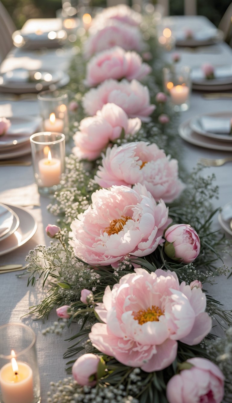 A wedding table decorated with a winding pink peony garland centerpiece, candles, and neatly arranged plates and glassware.
