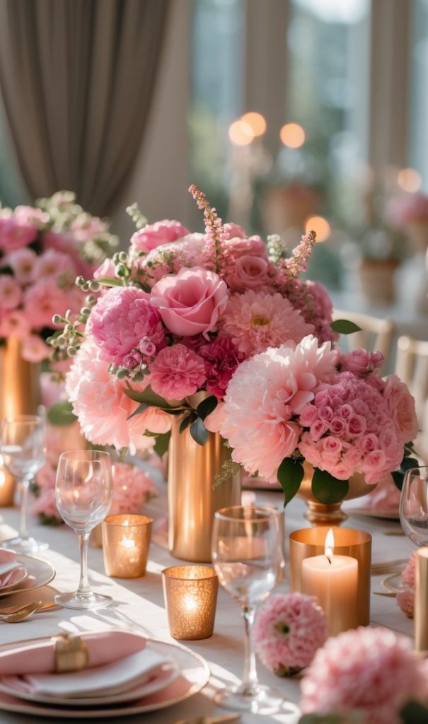 A banquet table set with pink floral centerpieces, gold candle holders, and elegant dinnerware, arranged for a formal event in a sunlit room.