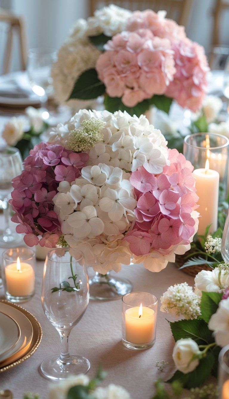 A wedding table set with pink and white hydrangea centerpieces, candles, and elegant tableware under natural light.