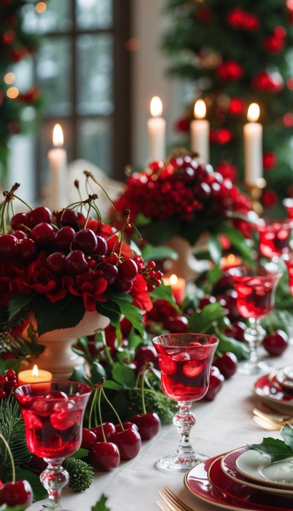 A festive dining table is set with red-themed dishes, glasses of red drinks, fresh cherries, candles, and holiday greenery, creating an elegant holiday atmosphere.