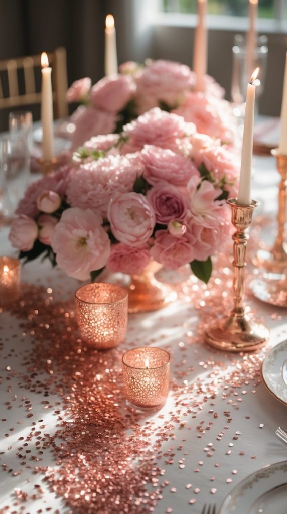 A decorated table features pink flowers, gold candlesticks with lit candles, gold-rimmed plates, and scattered rose gold confetti.