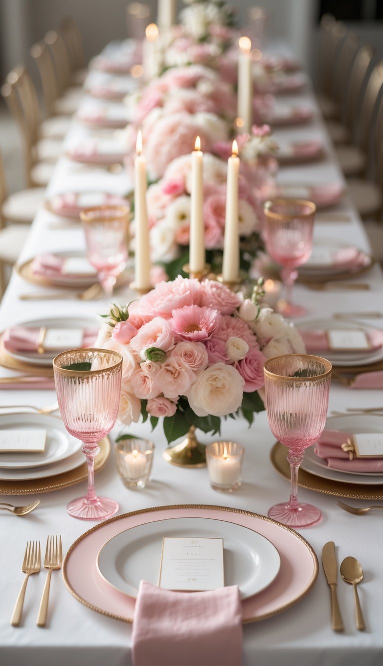 A wedding table set with pink ombre glassware with gold rims, floral centerpieces, candles, white plates, and gold flatware under natural light.