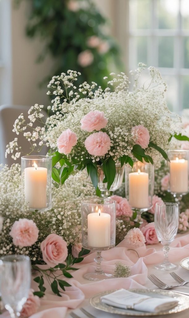 A formal table is set with glassware and plates, decorated with pink roses, baby's breath flowers, greenery, and lit pillar candles in glass holders.