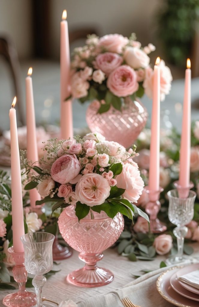 Pink candles and glass vases with pink and white flowers arranged on an elegant table with gold cutlery and crystal glassware.