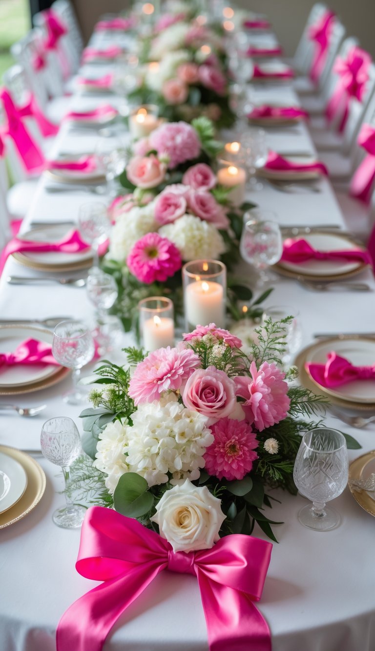 A wedding table set with white chairs adorned with hot pink ribbon sashes, featuring floral centerpieces and candles on the table.