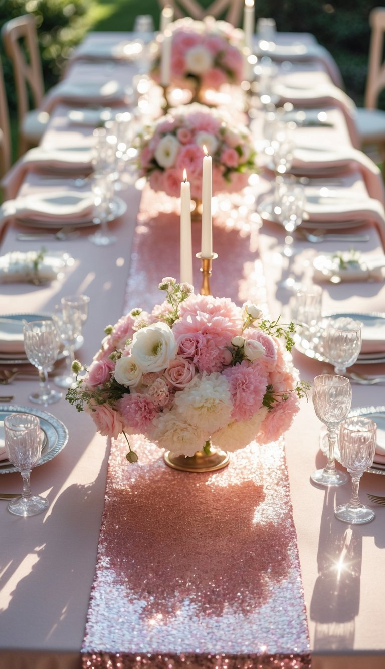 A wedding table set with pink sequin runners over blush linens, decorated with floral centerpieces and candles.