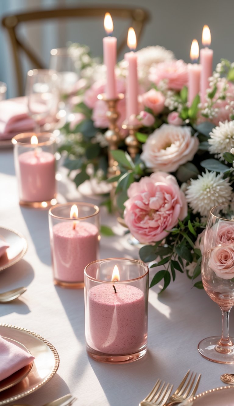 A wedding table set with rose gold candle holders filled with pink sand, pink and white flowers, greenery, lit candles, glassware, and elegant tableware.