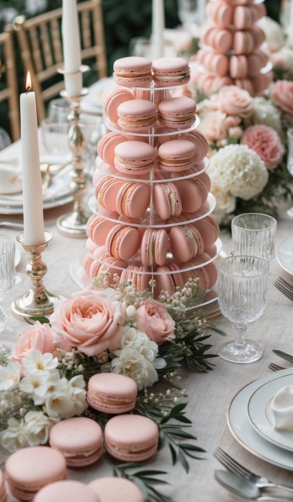 A decorated table set for an event features pink macaron towers, white and pink flowers, crystal glassware, white plates, and lit white taper candles.