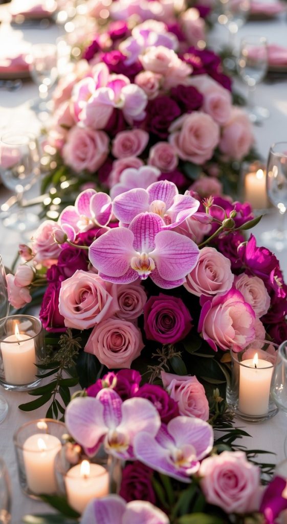 A long table is decorated with pink and purple flower arrangements, including orchids and roses, surrounded by candles, glassware, and napkins.