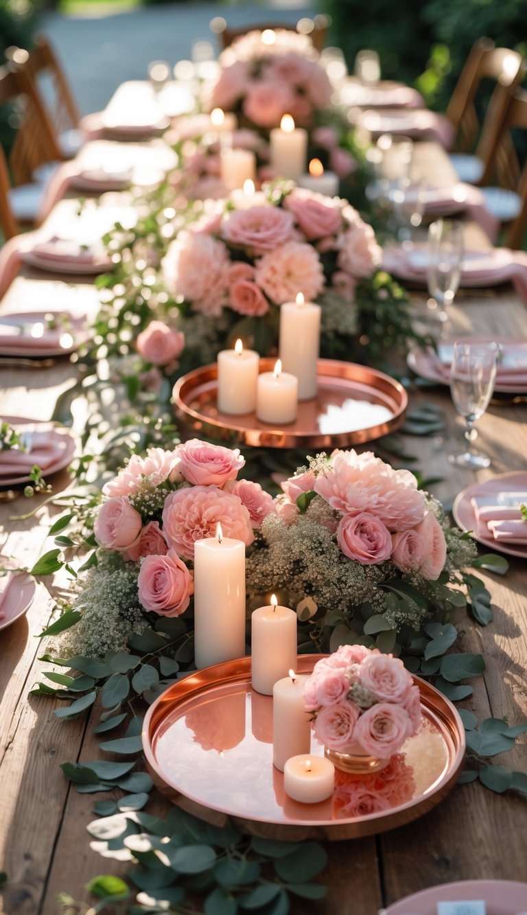 A wooden table set with rose gold candle trays, pink flowers, and lit candles arranged as a wedding tablescape.