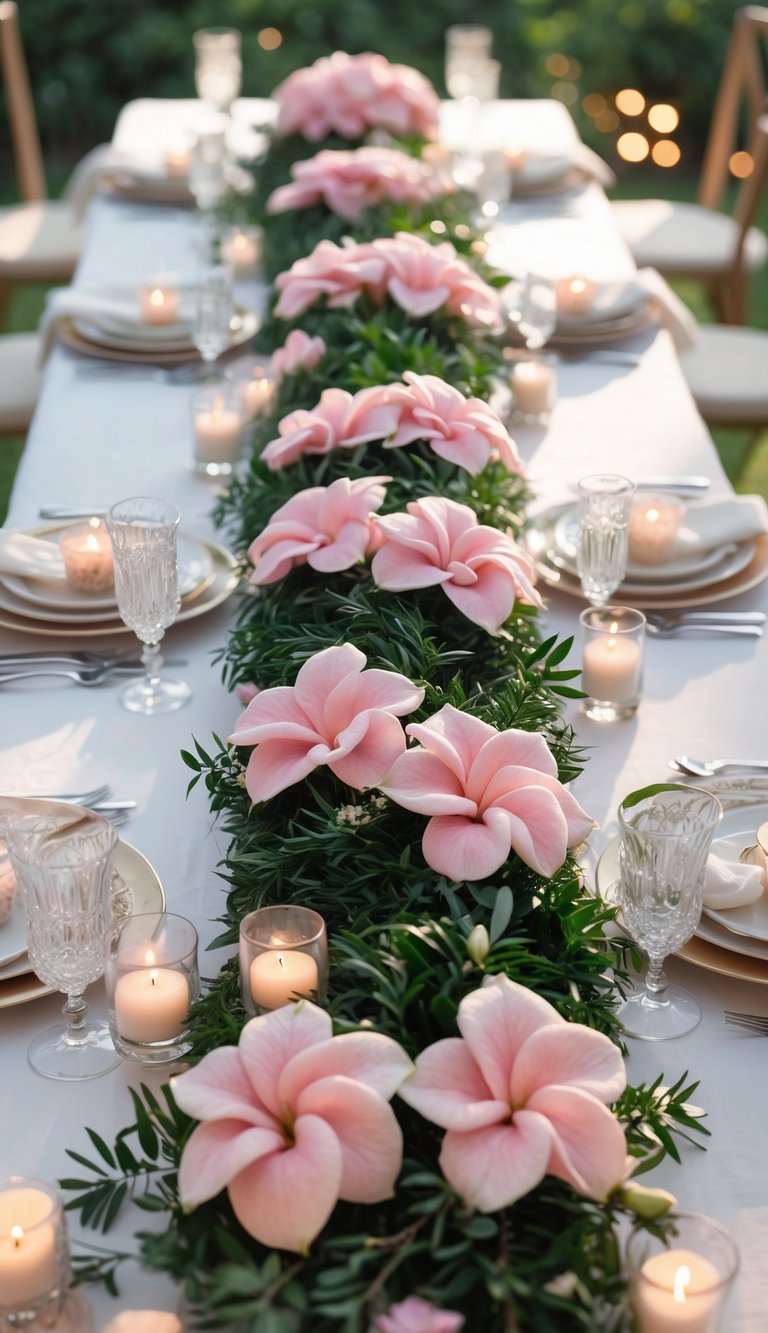 A beautifully arranged wedding table with pink gardenia garlands, candles, and elegant table settings under natural light.