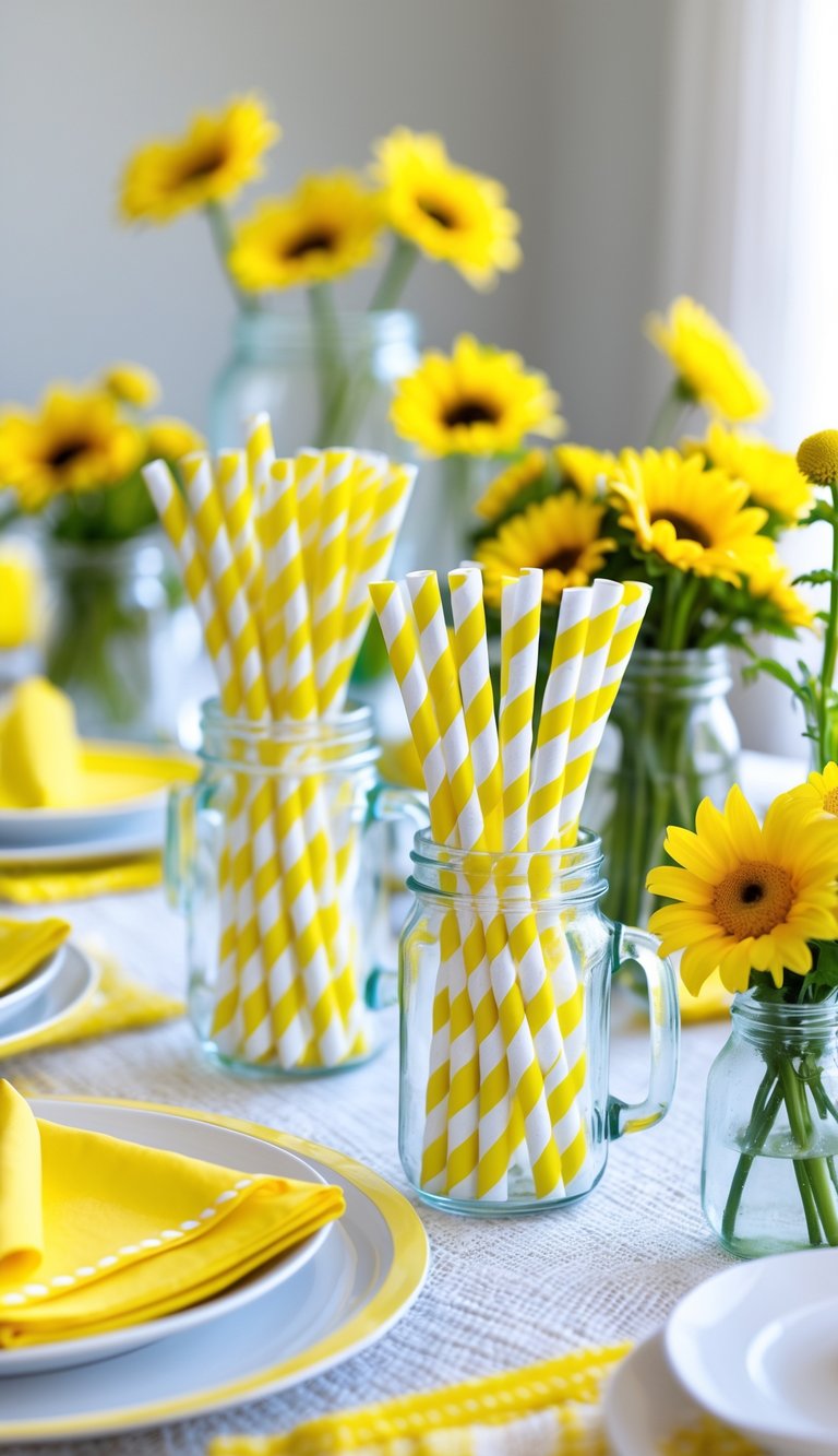 A bright yellow tablescape with yellow and white striped paper straws in glass containers surrounded by yellow flowers, plates, and napkins on a table.