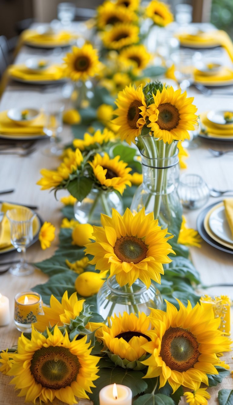 A table decorated with bright yellow sunflowers and matching yellow tableware, creating a cheerful and sunny atmosphere.
